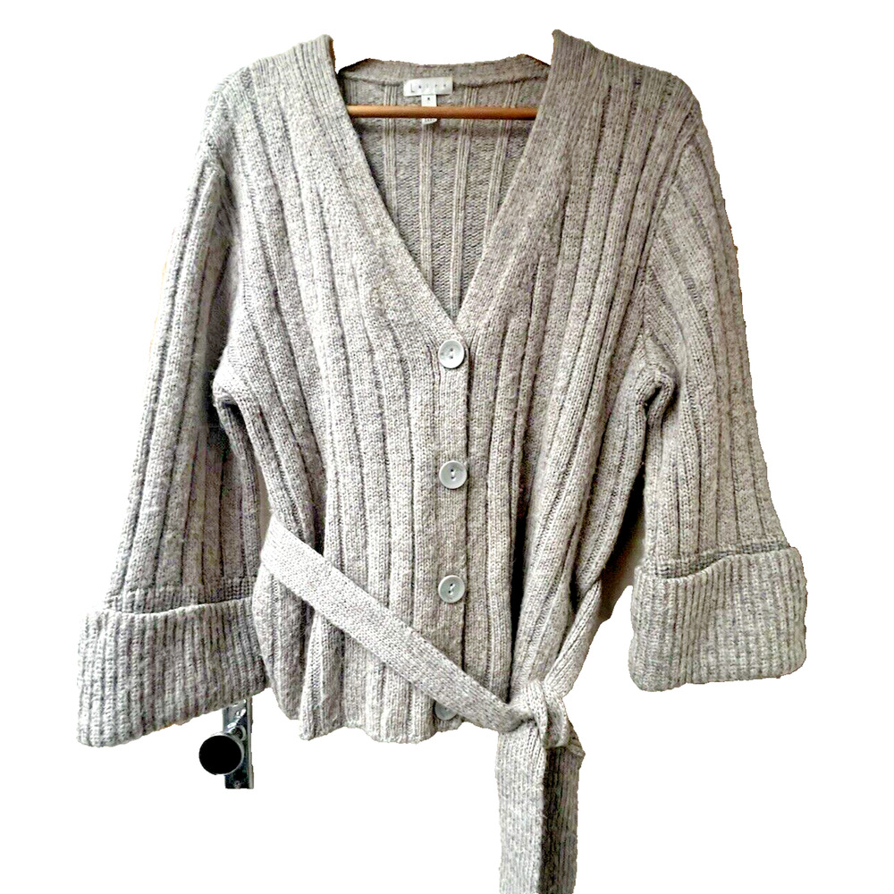 Leith Alpaca Merino Wool Blend Cardigan Womens M Bell Sleeve Ribbed Beige/Gray